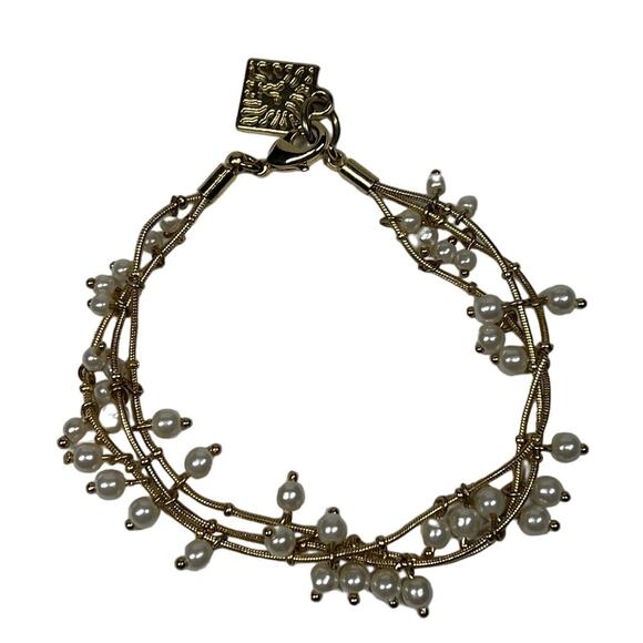 ANNE KLEIN Pearl Beaded Multi Strand Gold Tone Bracelet Elegant Layered Design - Picture 2 of 9